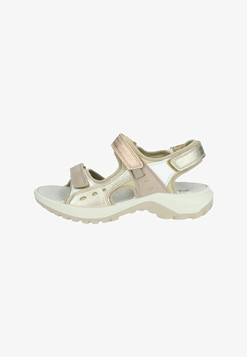 Sporty sandals featuring open sides, metallic gold and pink accents, adjustable straps, and a textured white sole with traction.