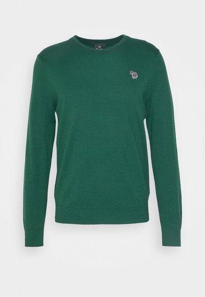 Green knit sweater with long sleeves, crew neckline, and a small embroidered design on the chest. Fabric is smooth and textured.