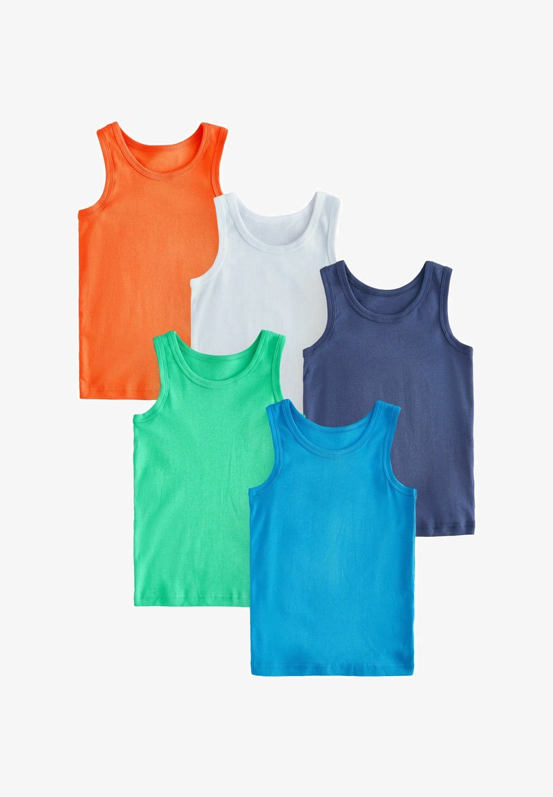 Fem bomulds toppe i orange, hvid, grøn, blå og marineblå, med ærmeløst design, rund halsudskæring og glat tekstur.