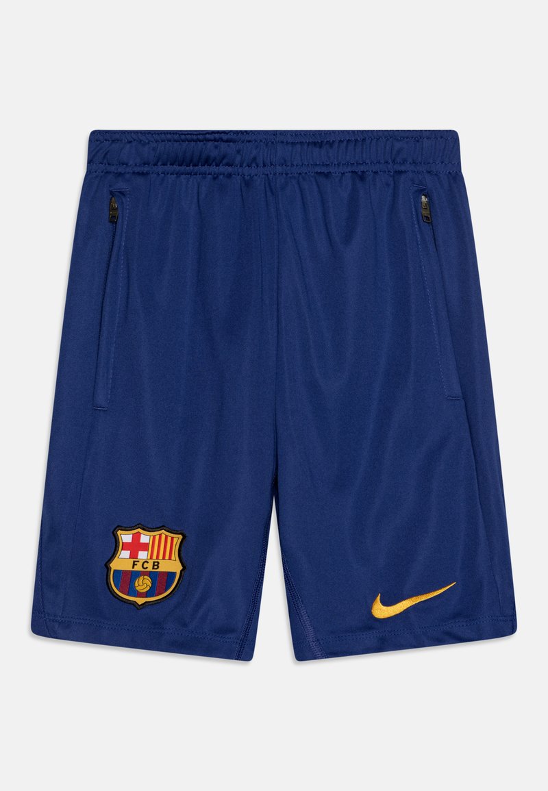 Bermudas deportivas azules con una cinturilla elástica, bolsillos laterales, logo de Nike en dorado y un escudo bordado del FC Barcelona.