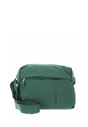 Sac bandoulière vert texturé avec sangle réglable et poche zippée à l'avant, présenté sur un fond blanc.