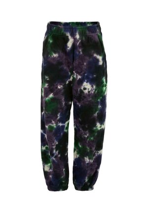 Pantalons de jogging tie-dye en noir, vert et violet. Fabriqués en tissu doux, avec une taille élastique et des poignets, offrant une coupe décontractée.