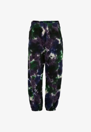 Spodnie dresowe w stylu tie-dye w kolorach czarnym, zielonym i fioletowym. Wykonane z miękkiego materiału, wyposażone w elastyczną talię i mankiety, o luźnym kroju.