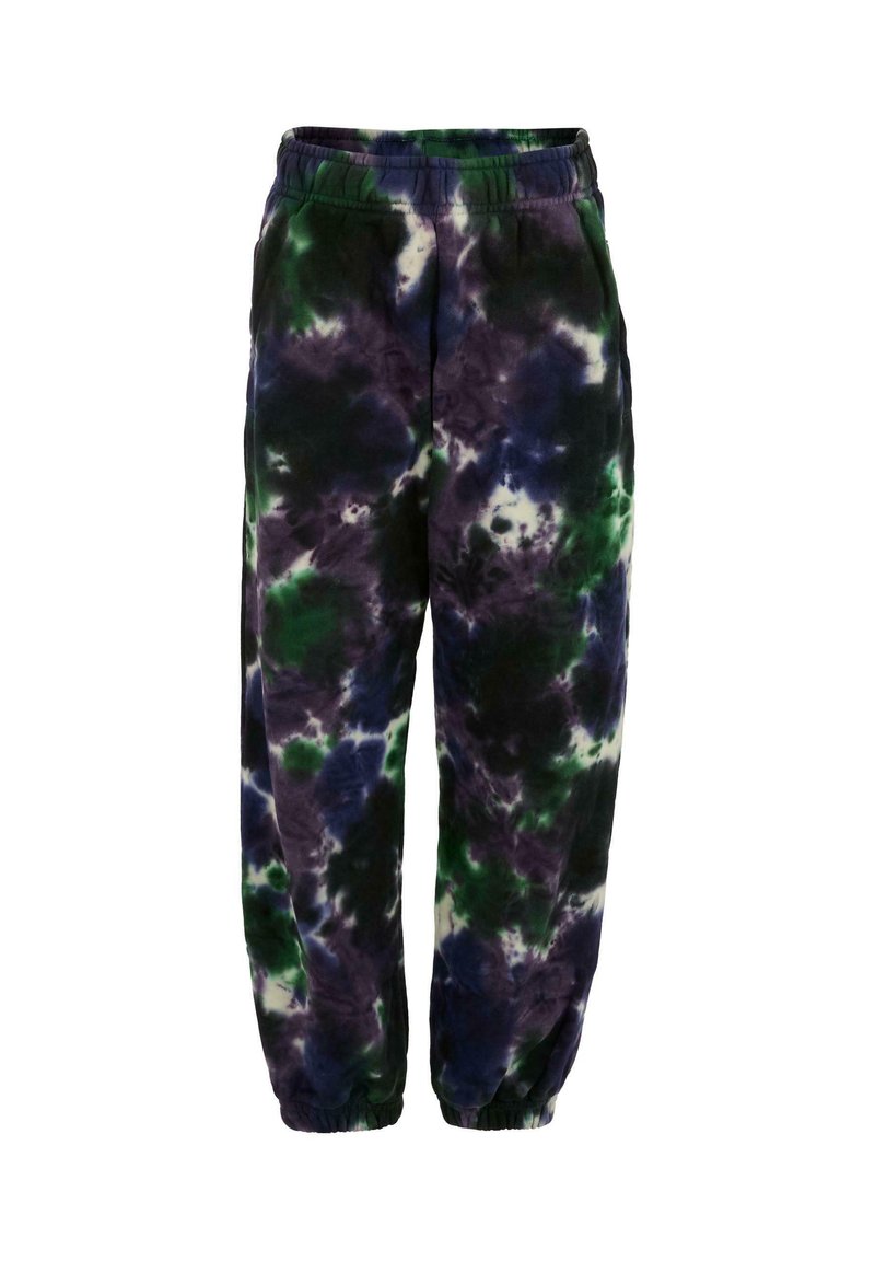 Spodnie dresowe w stylu tie-dye w kolorach czarnym, zielonym i fioletowym. Wykonane z miękkiego materiału, wyposażone w elastyczną talię i mankiety, o luźnym kroju.