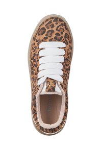 Leopard print sneaker with a suede upper, white laces, tan accents, and a rounded toe. Features a cushioned interior and flat sole.