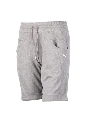 Graue Freizeitsshorts mit elastischem Bund, Kordelzug, Seitentaschen und kleinem Puma-Logo auf der rechten Tasche.