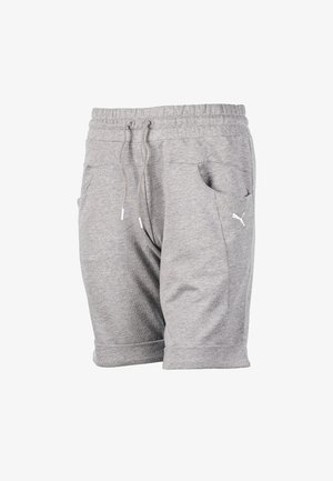 Graue Freizeitsshorts mit elastischem Bund, Kordelzug, Seitentaschen und kleinem Puma-Logo auf der rechten Tasche.