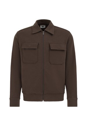 Bruine jas met ritssluiting, gemaakt van gestructureerde stof, met twee borstzakken, een kraag en geribbelde manchetten en zoom.