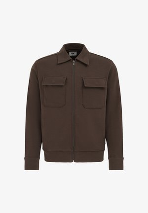 Barnás zipzáras dzseki texturált anyagból, két mellzsebbel, gallérral, bordázott mandzsettával és szegéllyel.