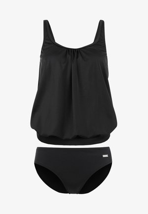 Fekete kétrészes fürdőruha szett, összehúzott részletekkel ellátott tankini toppal és állítható pántokkal, valamint egy hozzá illő magas derekú alsó résszel.
