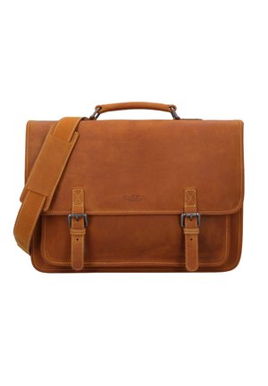 Brown leather briefcase with a smooth texture, featuring a top handle, adjustable shoulder strap, and dual buckle closures.