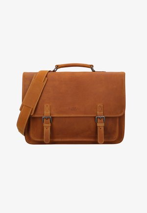 Brown leather briefcase with a smooth texture, featuring a top handle, adjustable shoulder strap, and dual buckle closures.