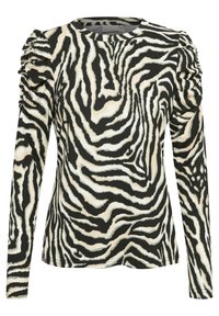 Langärmliges Oberteil mit einem Zebra-Print-Muster in Schwarz und Creme, mit gerafften Schulterapplikationen und einem Rundhalsausschnitt. Weiches Material.