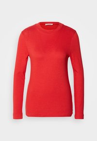 T-shirt rosso a maniche lunghe realizzato in morbido cotone. Presenta un collo tondo, una vestibilità aderente e polsini a coste. Texture liscia senza motivo.