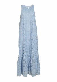 Light blue sleeveless maxi dress with floral lace design, tiered hem, and keyhole back detail. Smooth texture and relaxed fit.