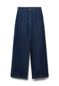 Jeans a gamba larga in denim scuro, con dettagli di cucitura frontale, chiusura a bottone e orlo grezzo. Il tessuto ha una consistenza liscia.