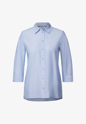 Helles, blaugraues Hemd aus weichem Stoff, mit klassischem Kragen, Dreiviertelärmeln und abgerundetem Saum.