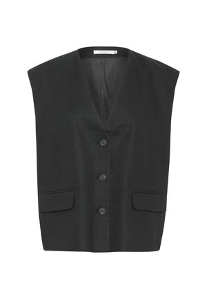 Black sleeveless vest with a V-neck, five buttons, and two front pockets. The fabric has a subtle texture and a tailored design.