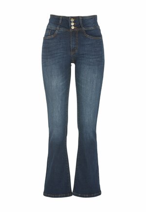 Donkerblauwe denim flared jeans met een hoge taille, voorzien van drie knoopsluitingen, twee zijzakken en zichtbare stikseldetails.