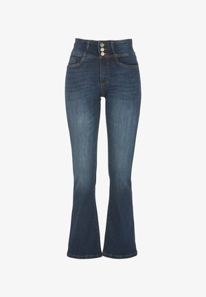 Dunkelblaue, ausgestellt geschnittene Jeans aus Denim mit hoher Taille, die über drei Knöpfe zum Schließen, zwei Fronttaschen und sichtbare Nähte verfügt.