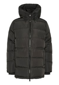 Czarna kurtka puchowa z wysokim kołnierzem, zamkiem błyskawicznym i elastycznymi mankietami. Posiada poziome przeszycia oraz gładką, błyszczącą powierzchnię.