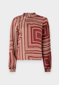 Langärmlige Bluse mit hohem Kragen, bordeauxfarbenem Stoff mit cremefarbenen geometrischen Linien und gerafften Manschetten für eine lockere Passform.