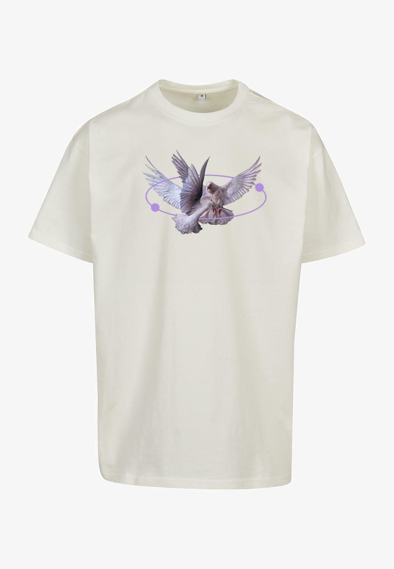 Kremlas t-krekls ar centrālo grafiku, kurā attēlots putns ar izplestām spārniem, papildināts ar purpura apļveida dizainiem. Izgatavots no viegla auduma.