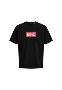Sort t-shirt lavet af bomuld, med et centralt rødt rektangulært logo med hvide bogstaver "UFC." Korte ærmer og design med rund hals.