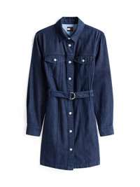 Denim-paitapusero, tummansininen, pitkillä hihoilla, kahdella rintataskulla, vyö vyötäröllä ja hopeisilla nappeilla. Vertikaaliset saumoja yksityiskohtina.