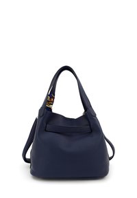 Donkerblauwe leren handtas met een gestructureerde afwerking, korte handvatten en een decoratieve zijden sjaal aan de binnenkant. Beschikt over een slanke voorkantvak.