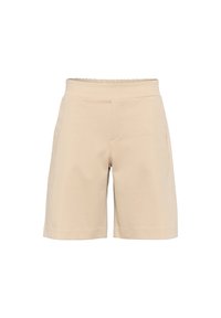 Beige cotton shorts with an elastic waistband, featuring a simple design and straight cut. Two side pockets are visible.