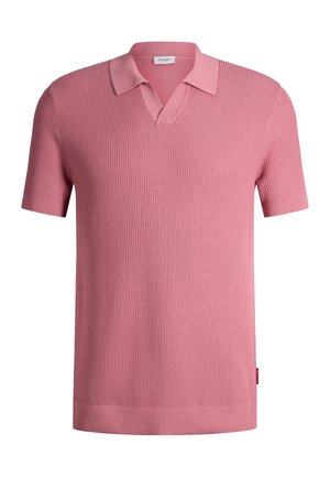 Herren-Kurzarm-Polohemd aus rosa Strick mit strukturiertem Muster, offenem Kragen sowie geripptem Saum und Bündchen.