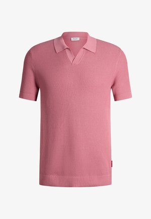 Herren-Kurzarm-Polohemd aus rosa Strick mit strukturiertem Muster, offenem Kragen sowie geripptem Saum und Bündchen.