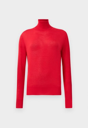 Pullover ras du cou rouge avec des manches longues, fabriqué à partir d'un matériau léger. La texture semble lisse avec un design ajusté et un col côtelé.