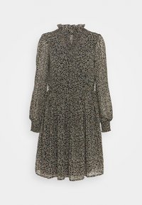 Robe noire à imprimé floral avec un col volanté, des manches longues et une jupe fluide en tissu léger et transparent.