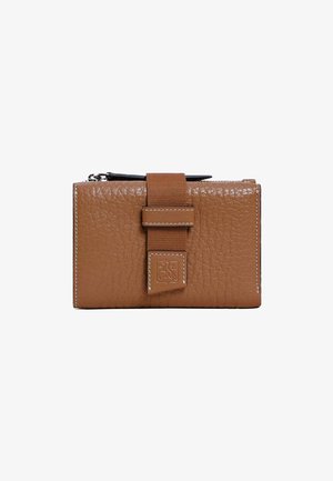 Brown leather wallet with textured finish, featuring a central strap and embossed logo. It has white stitching and a zippered closure.