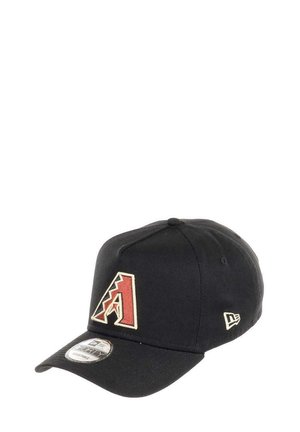 Black baseball cap featuring a red and beige embroidered "A" logo on the front, with a structured design and curved brim.