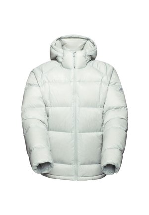 Lichtgrijze pufferjack met capuchon, ritsfront en elastische manchetten, met Mammut-logo's op de borst en linkermouw.