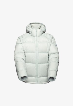 Lys grå dunjakke med hætte, lynlås foran og elastiske manchetter, med Mammut-logoer på brystet og venstre ærme.