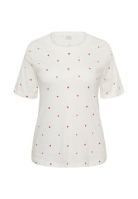 Weißes T-Shirt mit kurzen Ärmeln aus weicher Baumwolle, versehen mit verstreuten kleinen roten Herzmustern. Rundhalsausschnitt, lockere Passform.