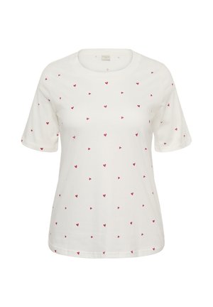 T-shirt bianca a maniche corte in morbido cotone, caratterizzata da piccoli motivi a cuore rossi sparsi su tutta la superficie. Scollo rotondo, vestibilità comoda.