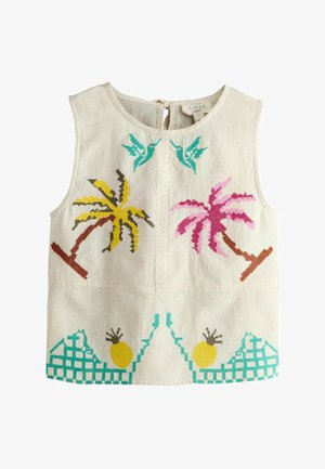 Béžový lněný top bez rukávů s barevnými křížkovými výšivkami palem, kolibříků, ananasů a geometrických vzorů.
