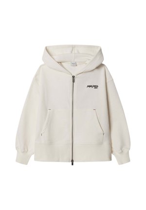 Crèmekleurige zip-up hoodie met voorzakken en "pepe jeans London"-logo op de borst.