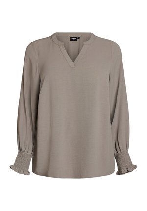 Taupe-farbene Bluse mit langen Ärmeln, V-Ausschnitt, gesmokten elastischen Bündchen mit Rüschensaum und lockerem Schnitt.
