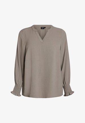 Hnědošedá halenka s dlouhým rukávem, výstřihem do V, nařasenými elastickými manžetami s volánky a uvolněným střihem.