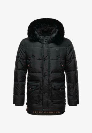 Juoda izoliacija pūkinė striukė su dirbtinės kailio pamušalu gaubtu. Yra užtrauktukais užsegamos kišenės, mygtukai užsegimui ir logotipas ant krūtinės. Tekstas ant apykaklės.