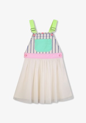 Kinderjurk met groene bandjes, gestreept blauw-wit lijfje, mintgroene voorkantzak, roze tailleband en witte tule rok.