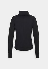 Chaqueta negra con cremallera y cuello alto, de mangas largas y puños acanalados. Presenta una textura suave y un diseño ajustado.