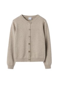 Beige Kinderstrickjacke mit langen Ärmeln, rundem Halsauschnitt, gerippten Bündchen und Saum sowie sechs vorderen Knöpfen.