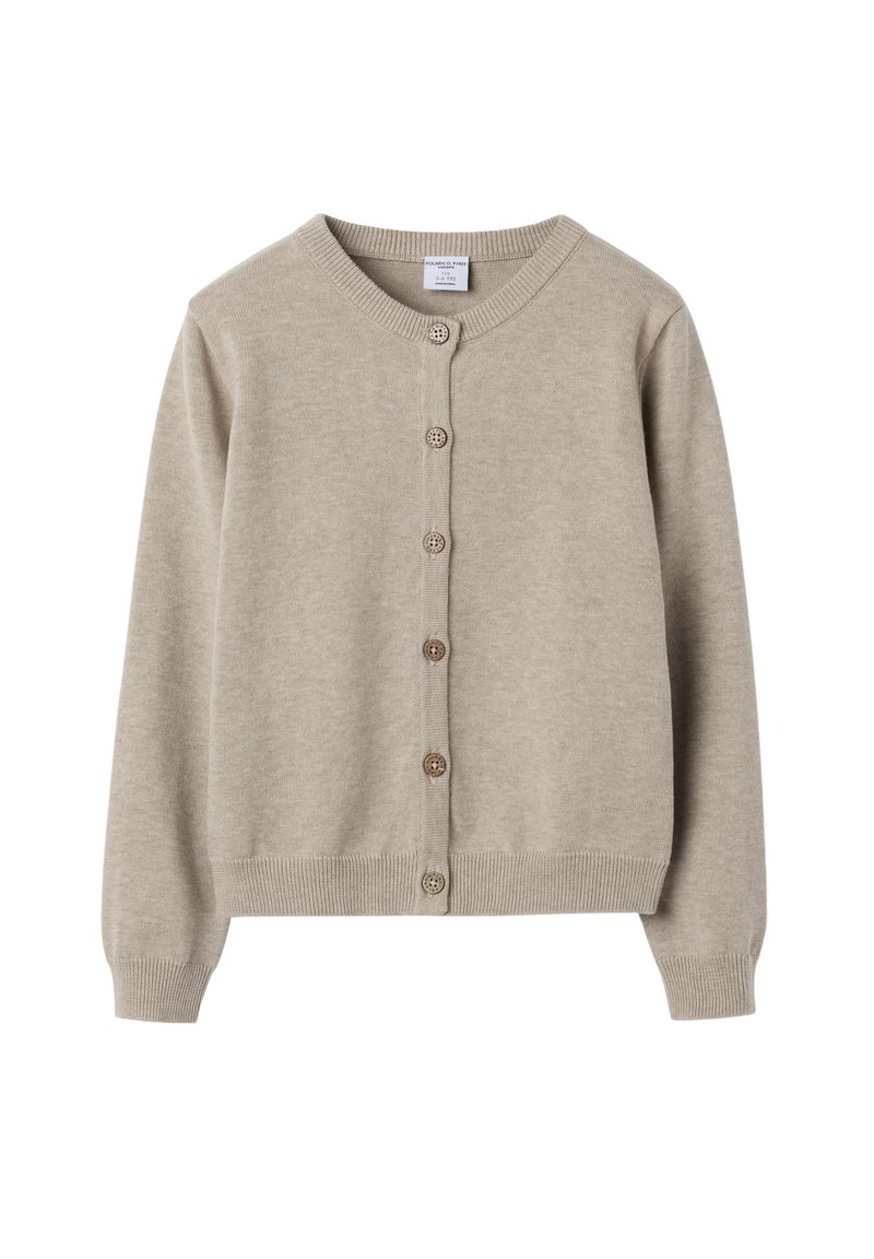 Beige Kinderstrickjacke mit langen Ärmeln, rundem Halsauschnitt, gerippten Bündchen und Saum sowie sechs vorderen Knöpfen.